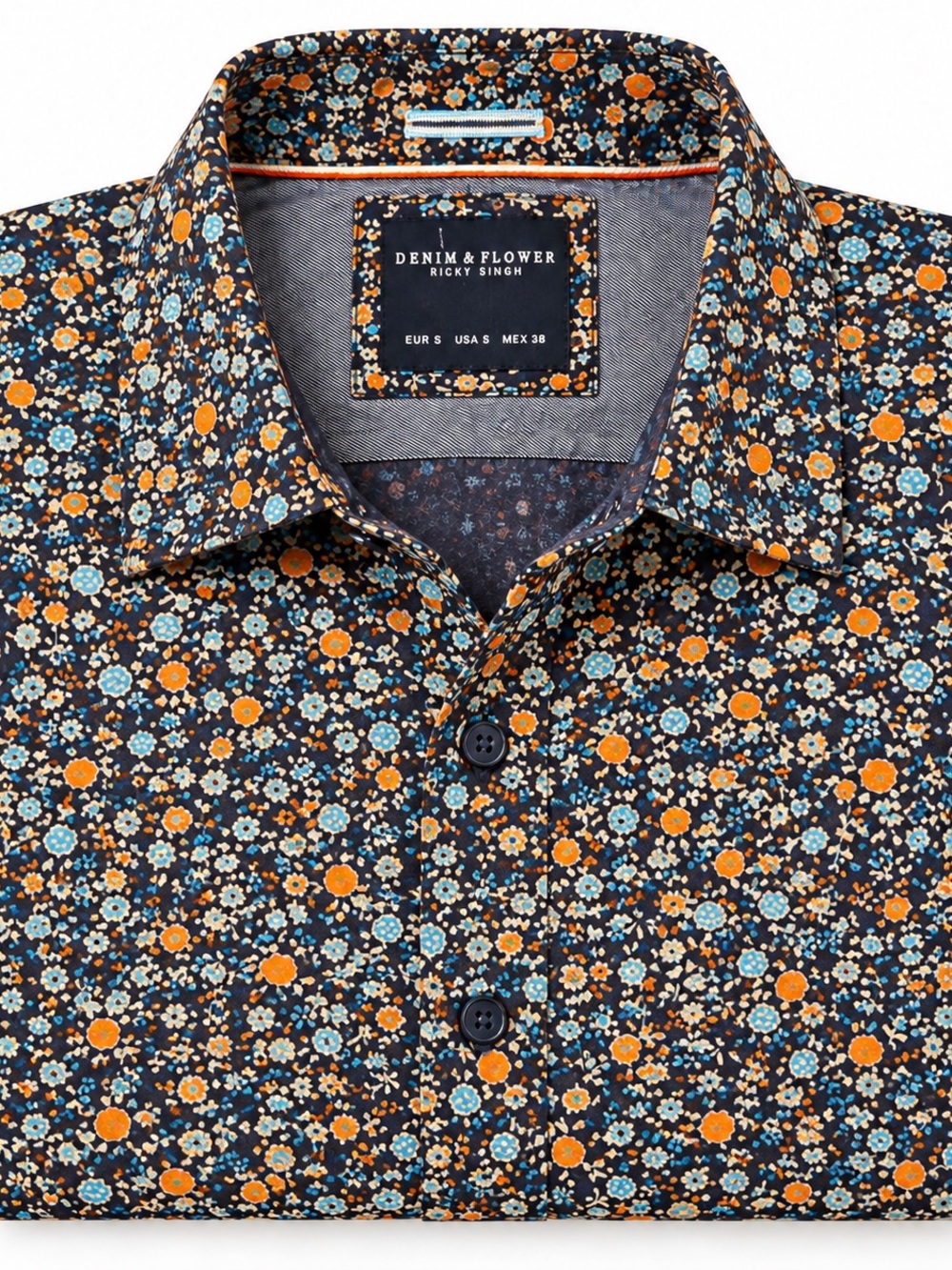 Denim & Flower Navy Floral Button-Down Shirt with Orange & Light Blue Accents